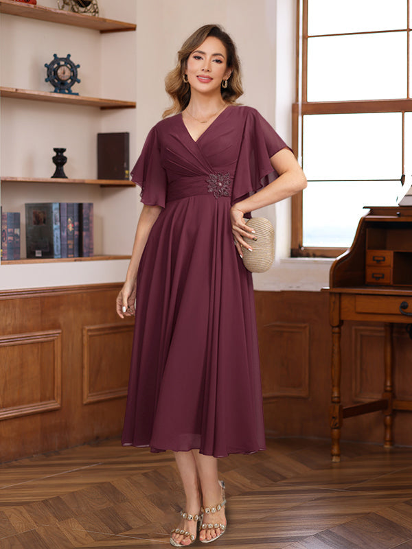 V Neck A Line Dresses with Ruched Pleats and Jewel Appliques for Mothers of the Bride & Groom