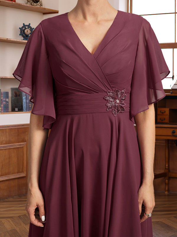 V Neck A Line Dresses with Ruched Pleats and Jewel Appliques for Mothers of the Bride & Groom