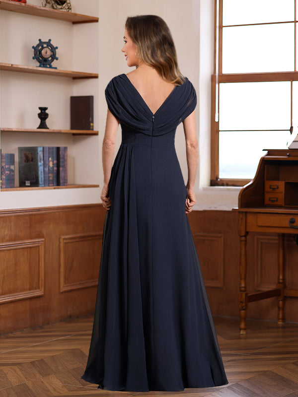 V Neck A Line Long Dresses for Mothers of the Bride & Groom with Ruched Pleats Jewel Appliques & Sequins