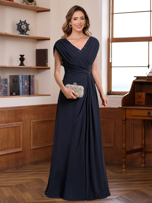 V Neck A Line Long Dresses for Mothers of the Bride & Groom with Ruched Pleats Jewel Appliques & Sequins