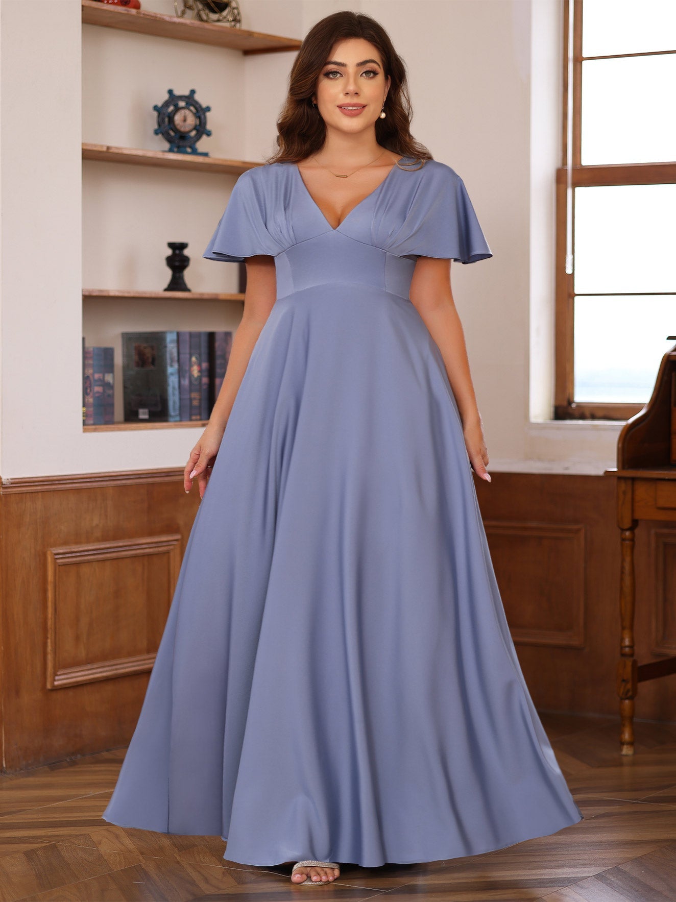 V Neck A Line Long Mother of the Bride Dress with Short Sleeves and Ruffles