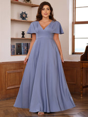 V Neck A Line Long Mother of the Bride Dress with Short Sleeves and Ruffles