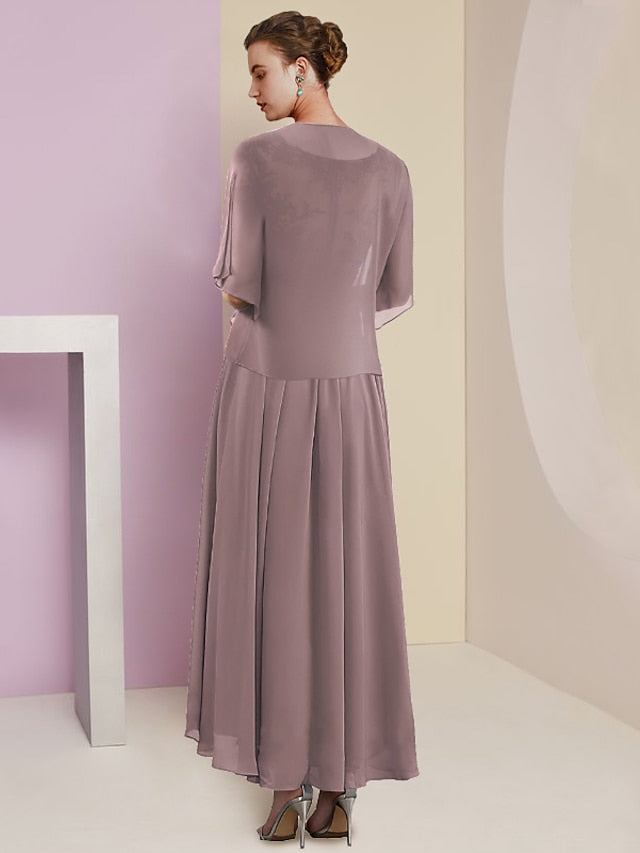 V Neck A Line Tea Length Dresses for the Mother of the Bride