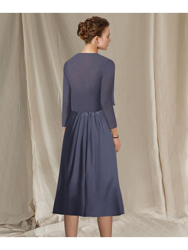 V Neck A Line Tea Length Dresses for the Mother of the Bride