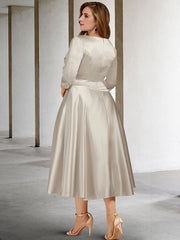 V Neck A Line Tea Length Dresses for the Mother of the Bride