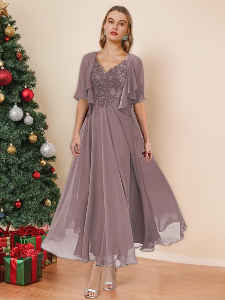 V Neck A Line Tea Length Dresses for the Mother of the Bride