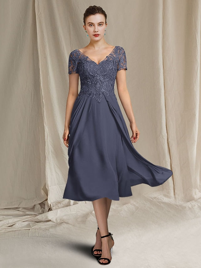 V Neck A Line Tea Length Dresses for the Mother of the Bride