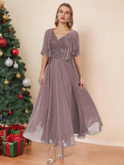 V Neck A Line Tea Length Dresses for the Mother of the Bride