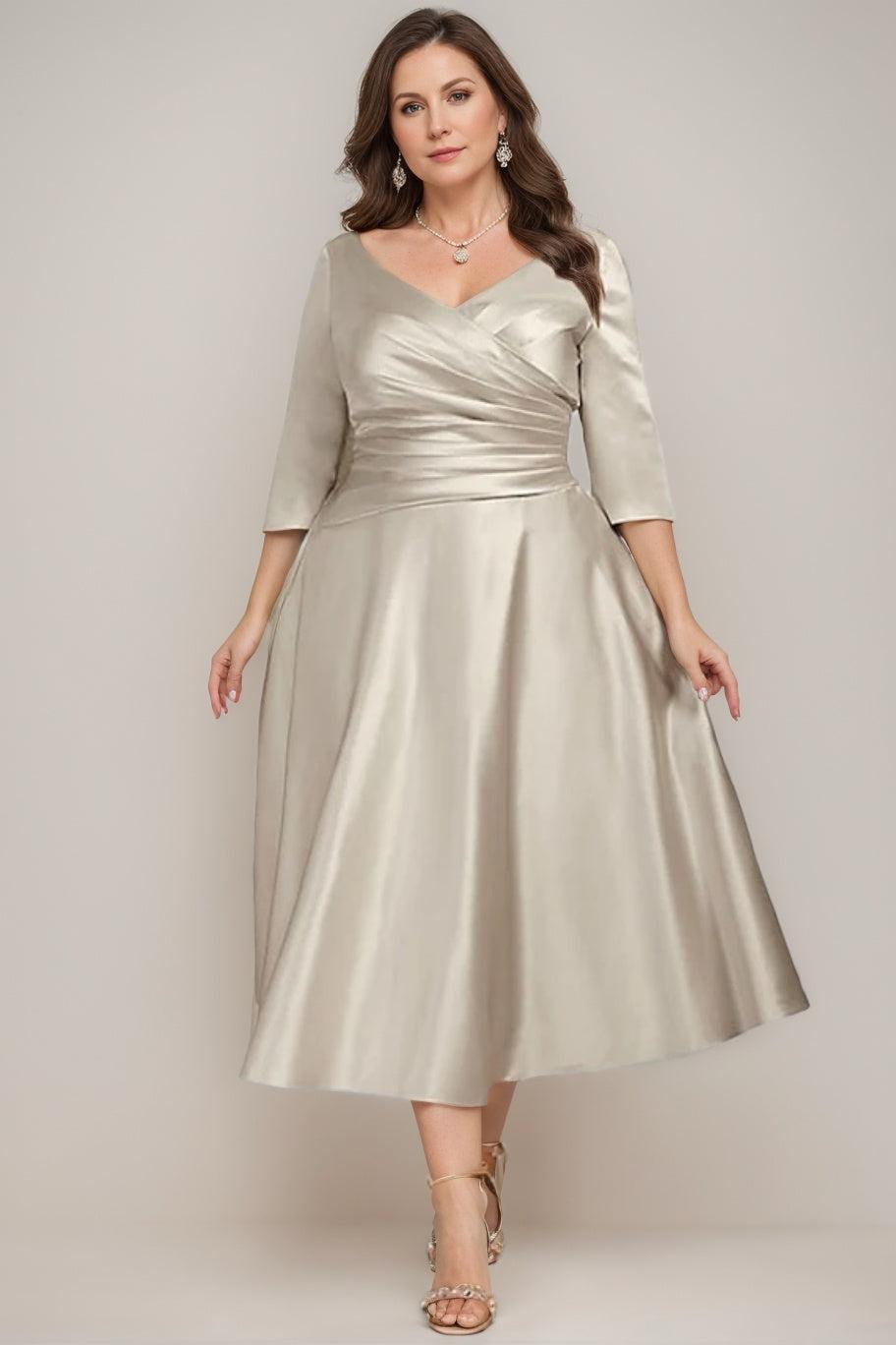 V Neck A Line Tea Length Dresses for the Mother of the Bride