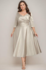 V Neck A Line Tea Length Dresses for the Mother of the Bride
