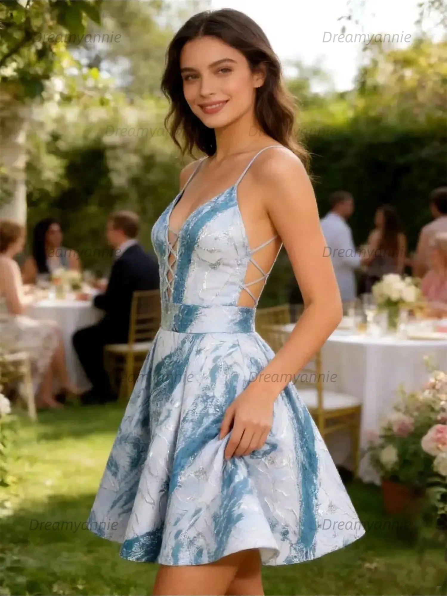 V-Neck Abstract Print Mini Dress with Lace-Up Detail Homecoming Dresses
