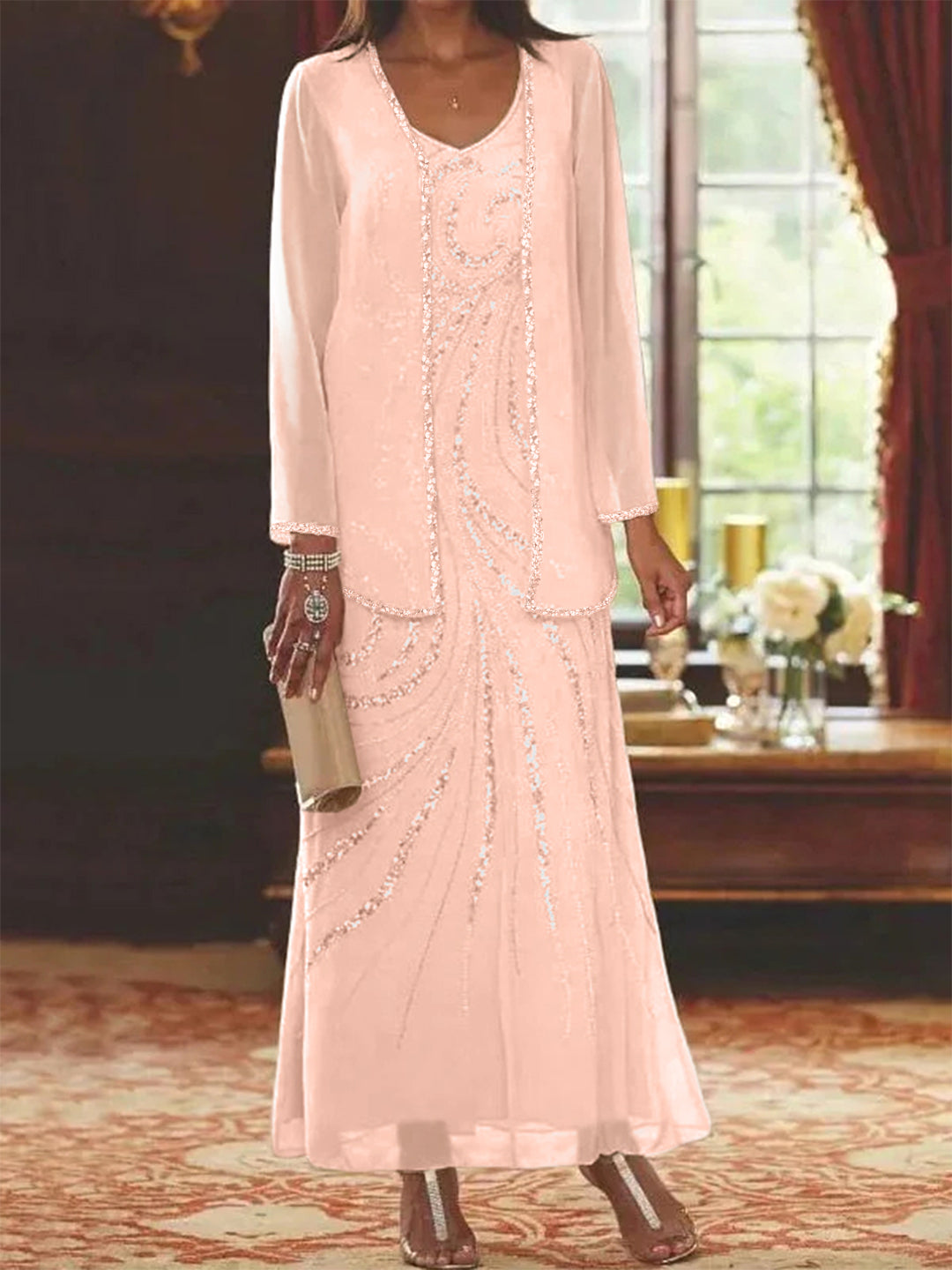Chiffon Mother of the Bride Dress 3/4 Sleeve Wedding Guest Dress with Beadings