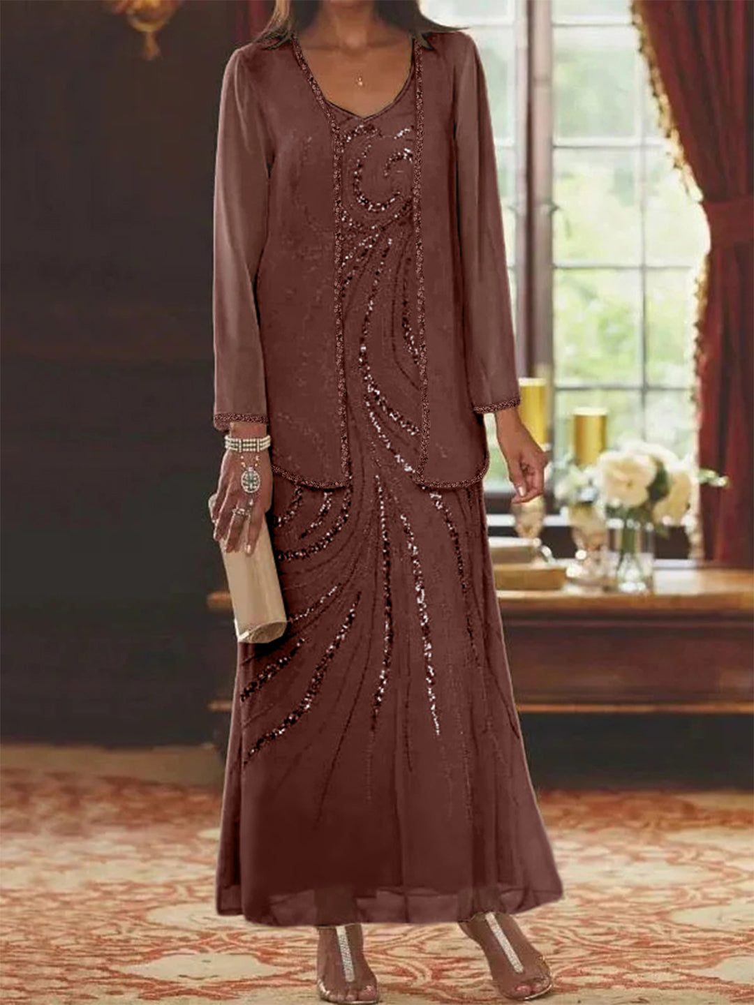 Chiffon Mother of the Bride Dress 3/4 Sleeve Wedding Guest Dress with Beadings