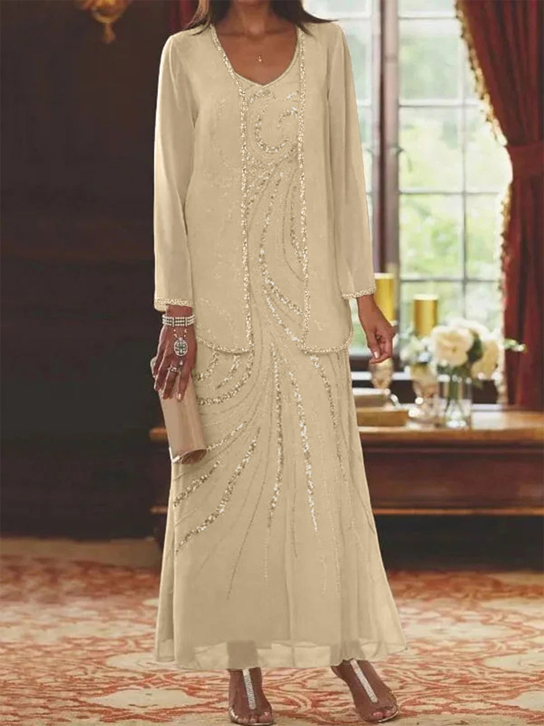 Chiffon Mother of the Bride Dress 3/4 Sleeve Wedding Guest Dress with Beadings