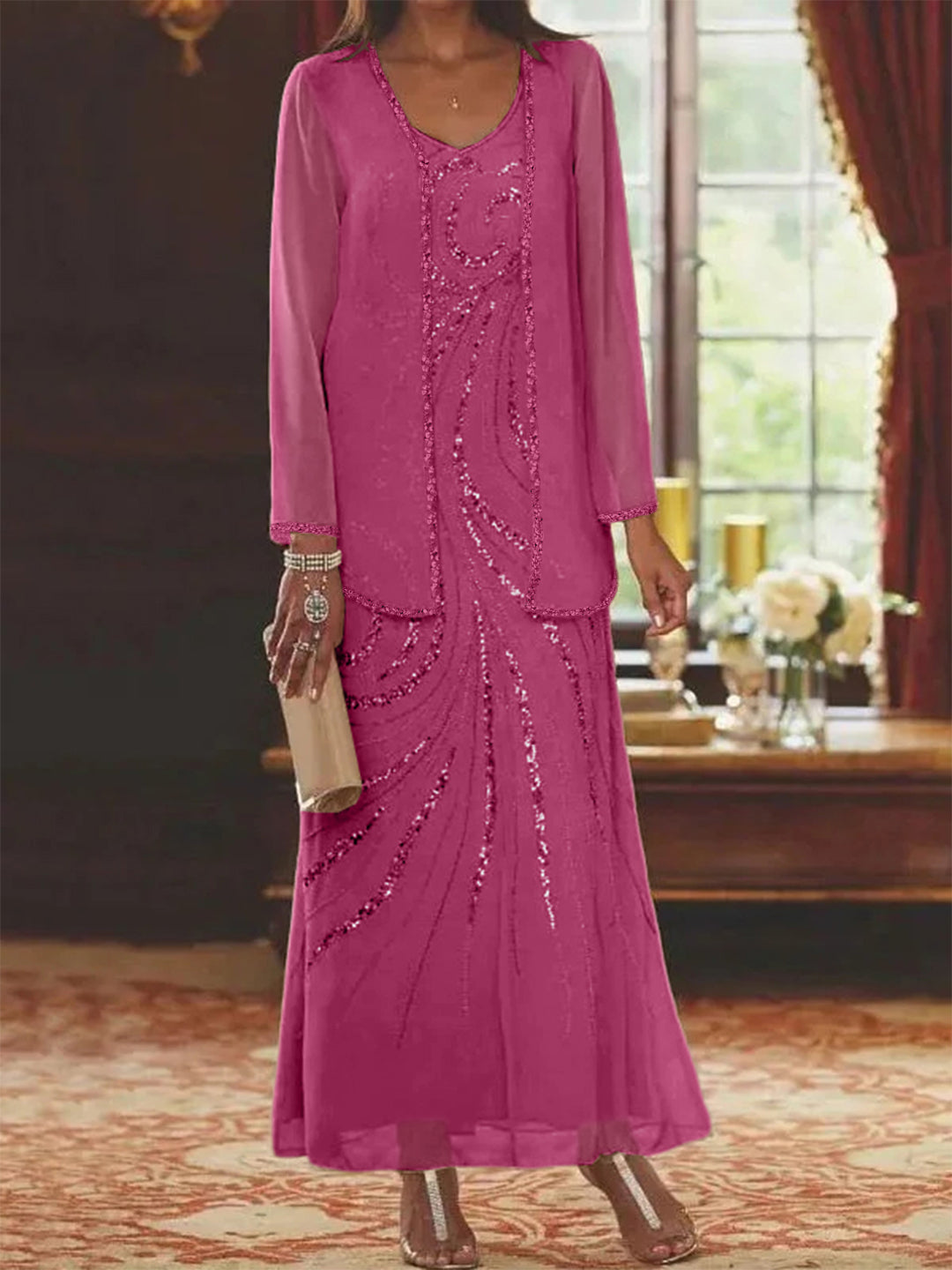Chiffon Mother of the Bride Dress 3/4 Sleeve Wedding Guest Dress with Beadings