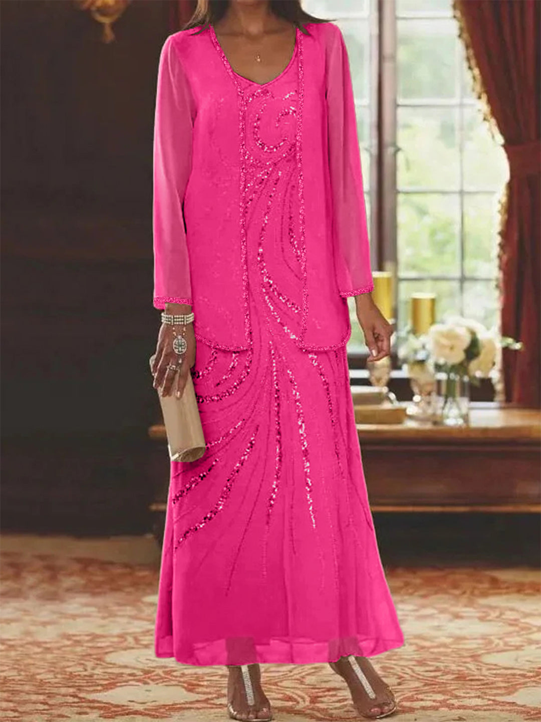 Chiffon Mother of the Bride Dress 3/4 Sleeve Wedding Guest Dress with Beadings