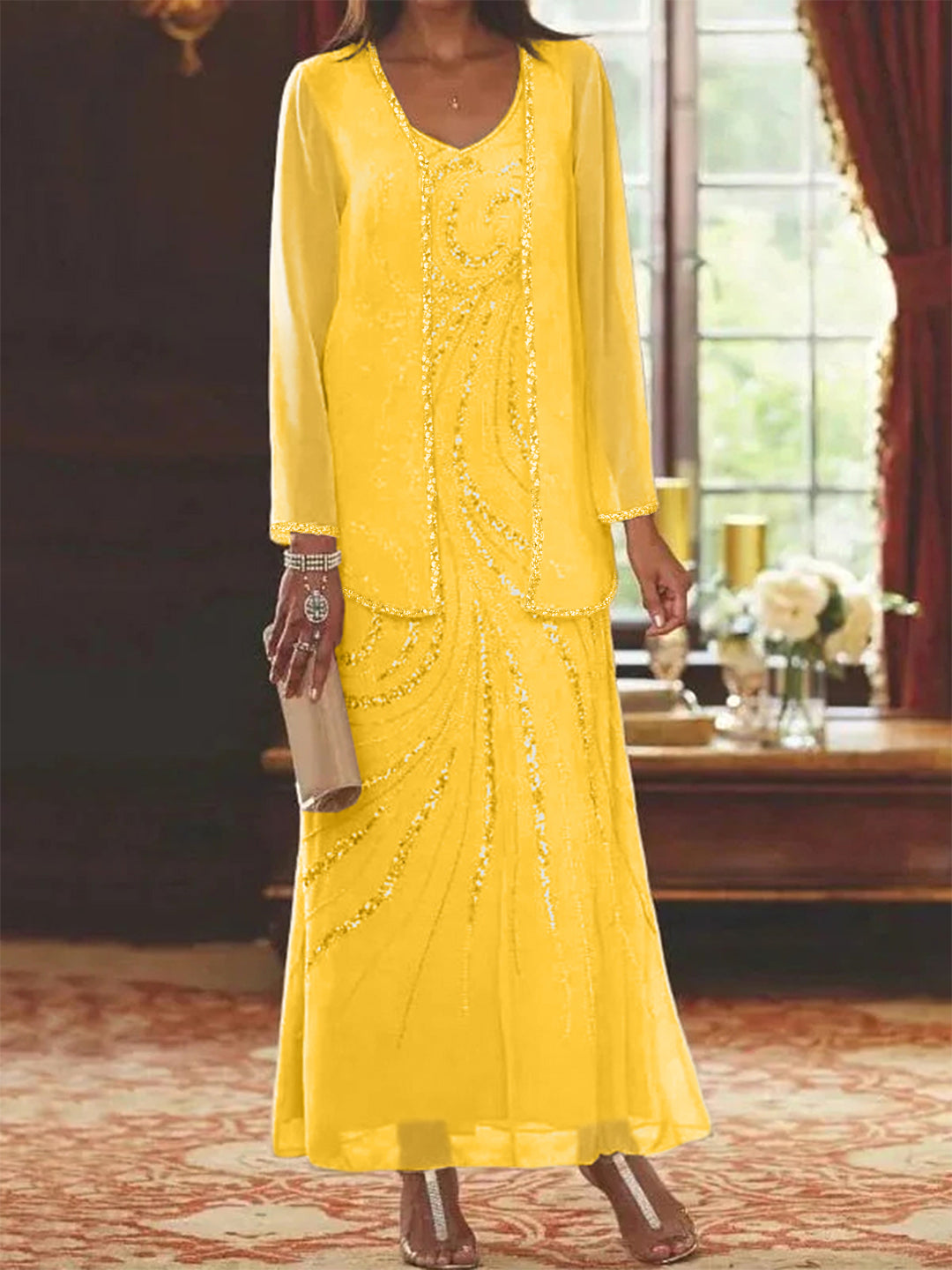 Chiffon Mother of the Bride Dress 3/4 Sleeve Wedding Guest Dress with Beadings