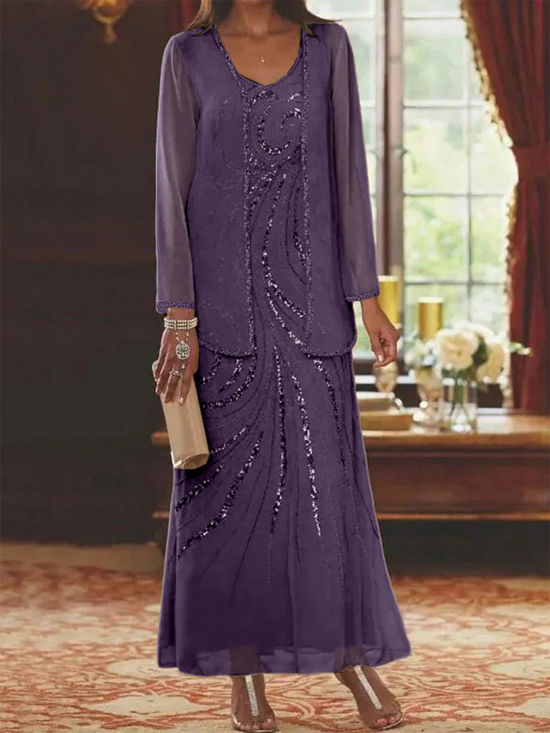 Chiffon Mother of the Bride Dress 3/4 Sleeve Wedding Guest Dress with Beadings