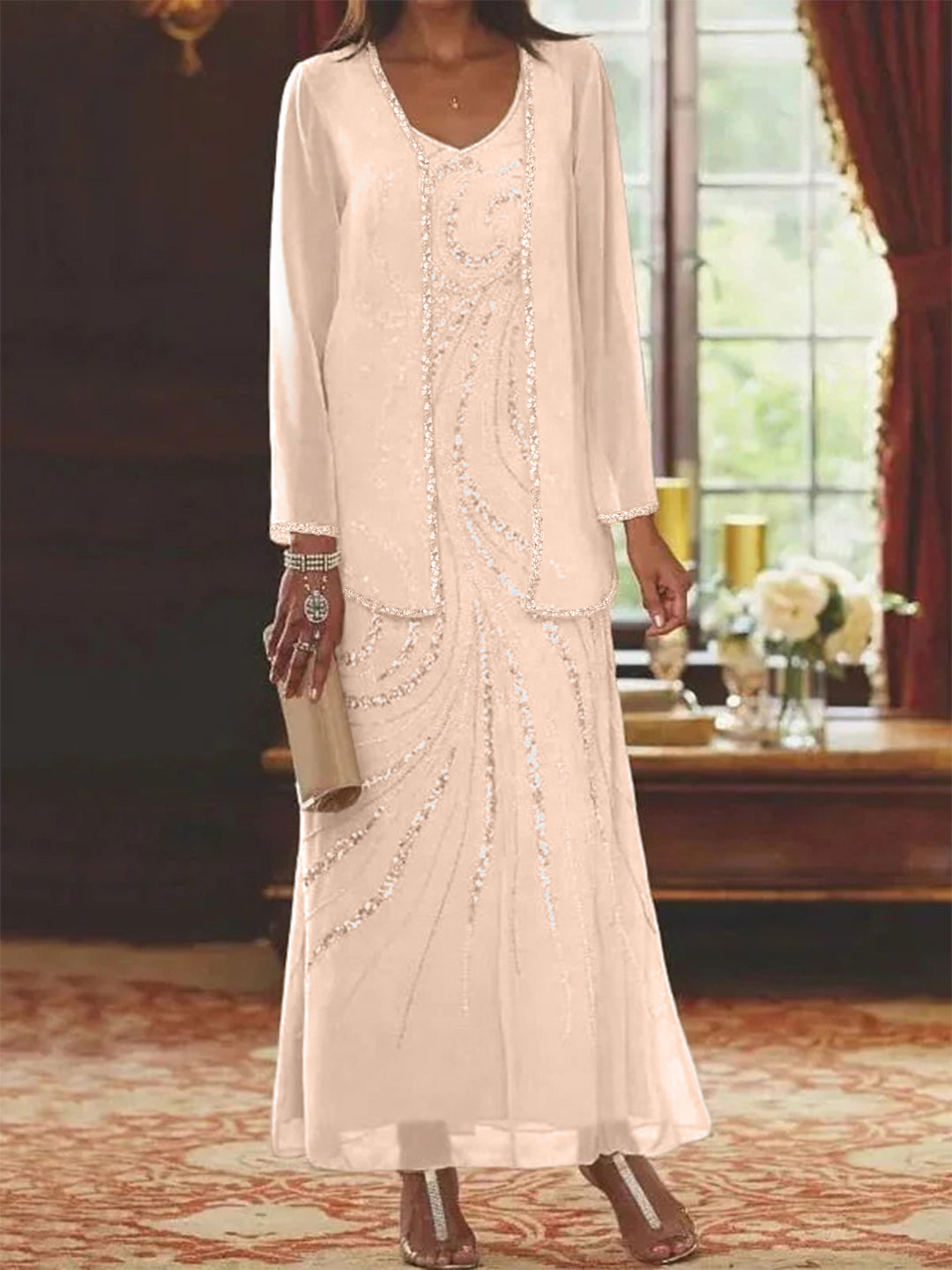 Chiffon Mother of the Bride Dress 3/4 Sleeve Wedding Guest Dress with Beadings