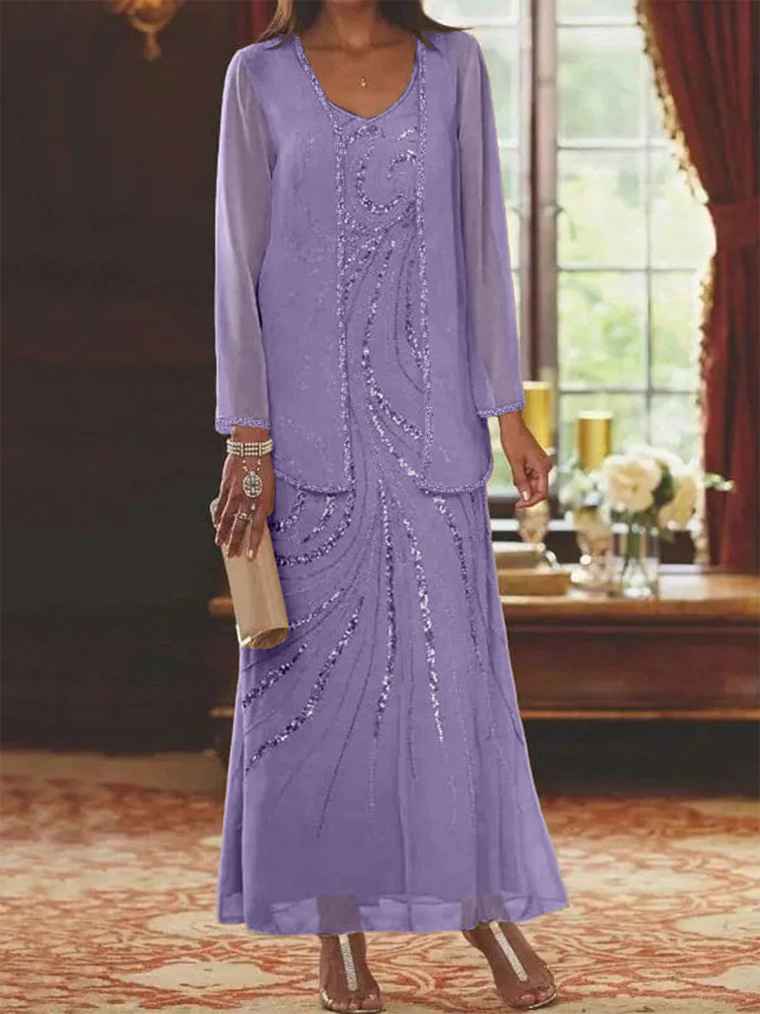 Chiffon Mother of the Bride Dress 3/4 Sleeve Wedding Guest Dress with Beadings