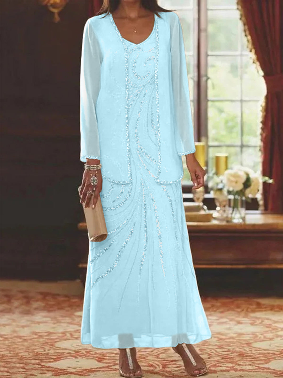 Chiffon Mother of the Bride Dress 3/4 Sleeve Wedding Guest Dress with Beadings