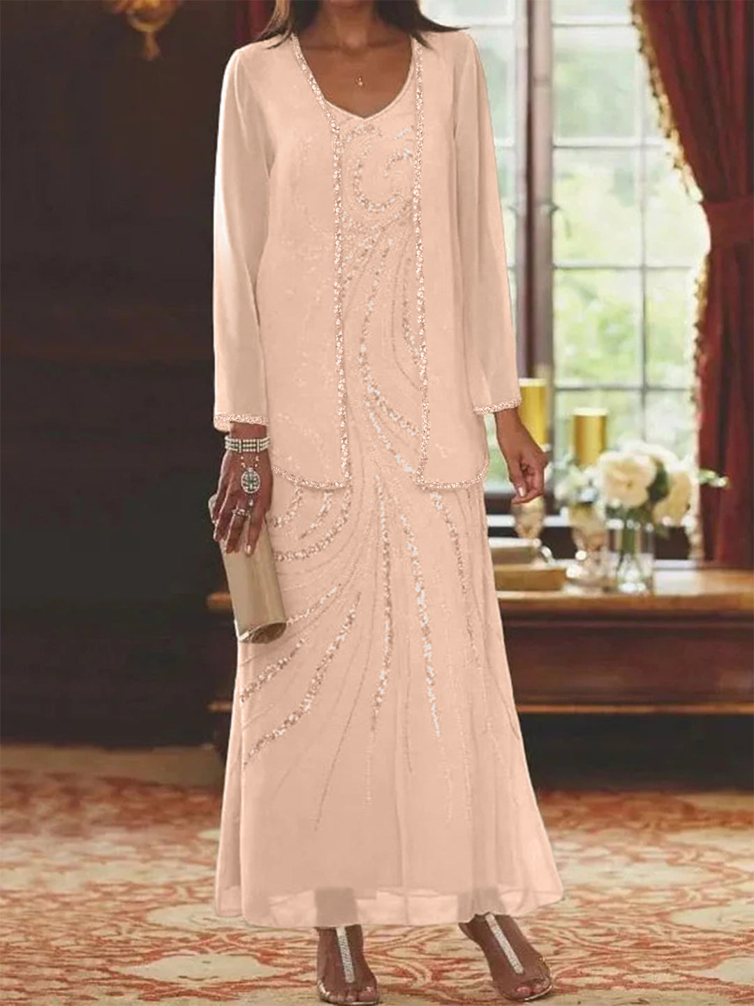 Chiffon Mother of the Bride Dress 3/4 Sleeve Wedding Guest Dress with Beadings