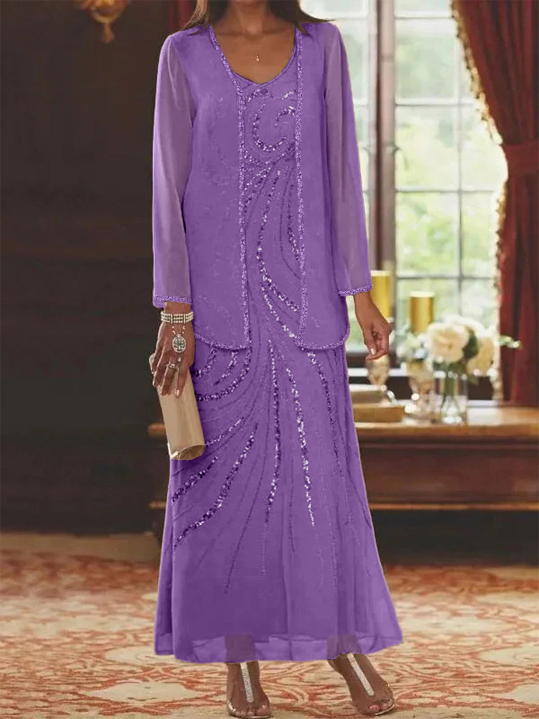 Chiffon Mother of the Bride Dress 3/4 Sleeve Wedding Guest Dress with Beadings