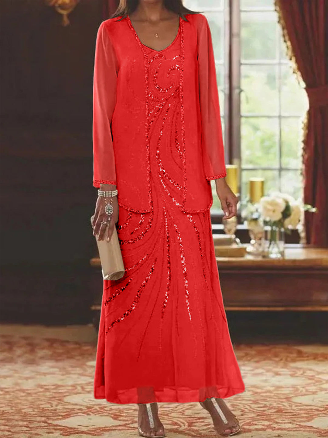 Chiffon Mother of the Bride Dress 3/4 Sleeve Wedding Guest Dress with Beadings