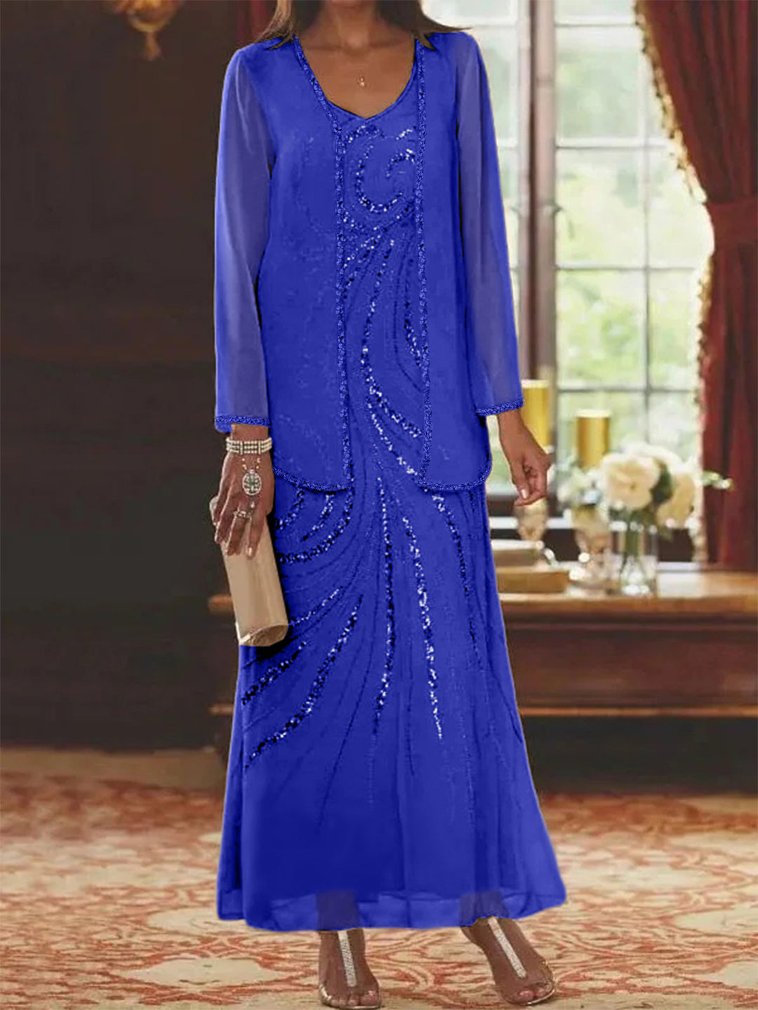 Chiffon Mother of the Bride Dress 3/4 Sleeve Wedding Guest Dress with Beadings