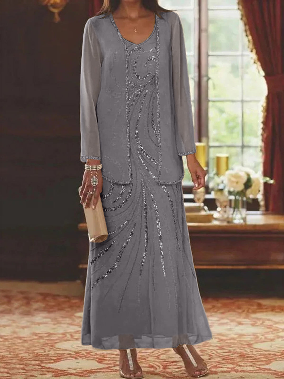 Chiffon Mother of the Bride Dress 3/4 Sleeve Wedding Guest Dress with Beadings