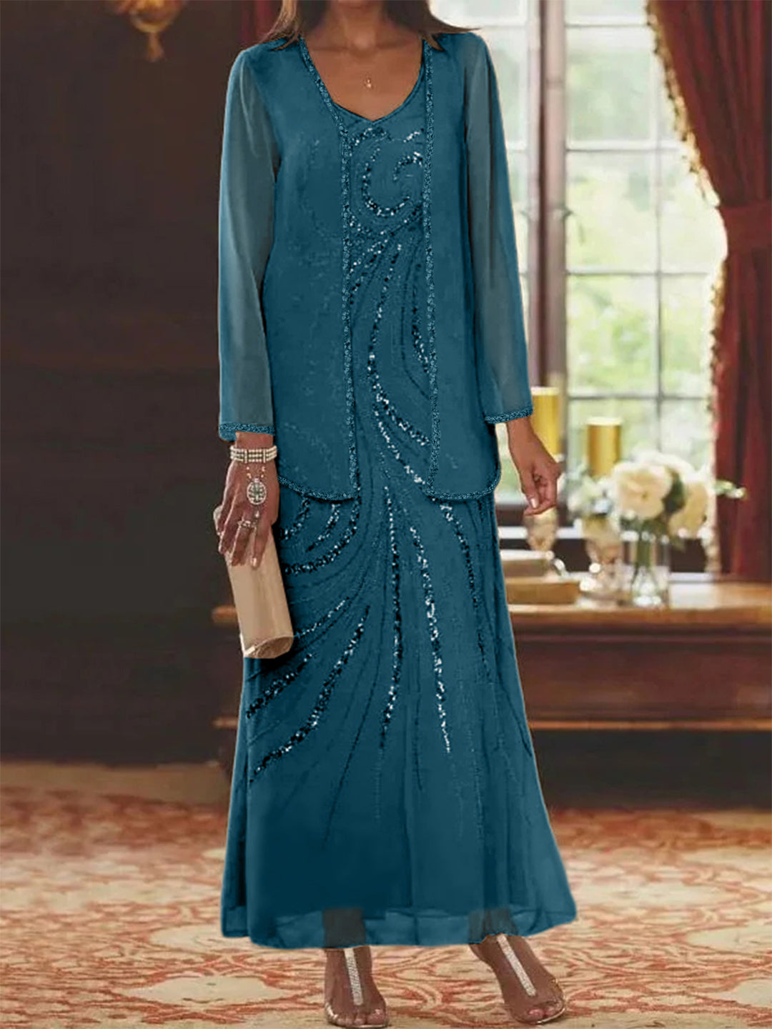 Chiffon Mother of the Bride Dress 3/4 Sleeve Wedding Guest Dress with Beadings