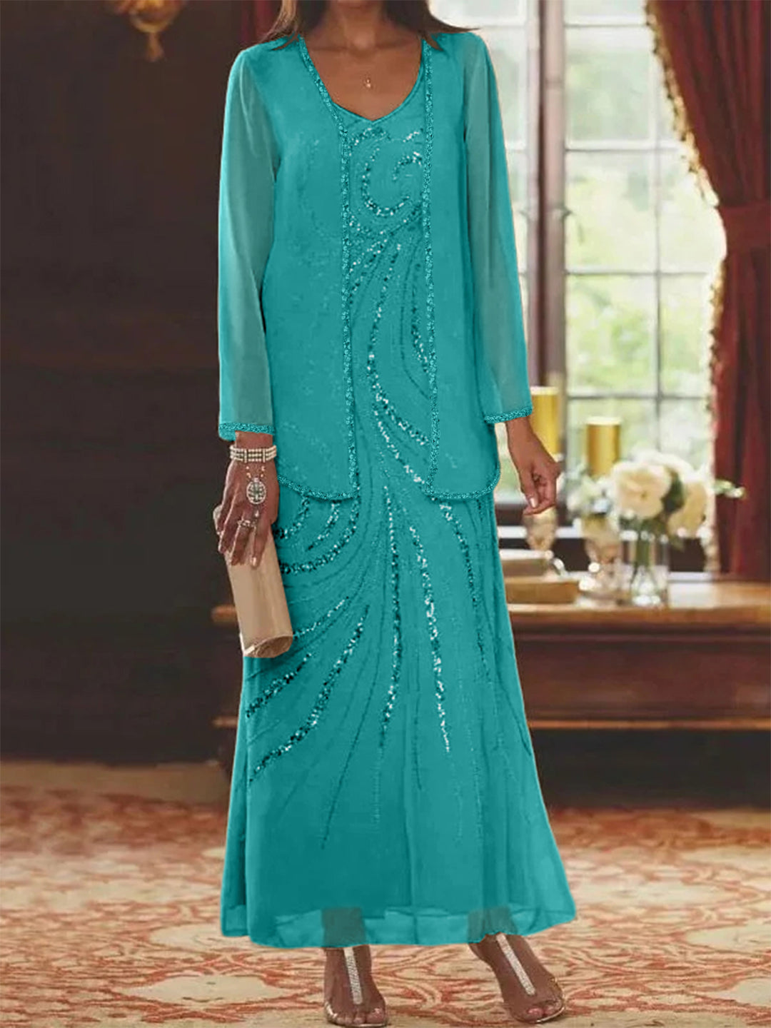 Chiffon Mother of the Bride Dress 3/4 Sleeve Wedding Guest Dress with Beadings