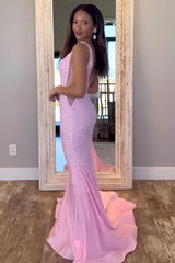 V-Neck Beaded Mermaid Prom Dress With Side Illusion Formal Evening Gown