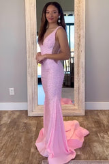 V-Neck Beaded Mermaid Prom Dress With Side Illusion Formal Evening Gown