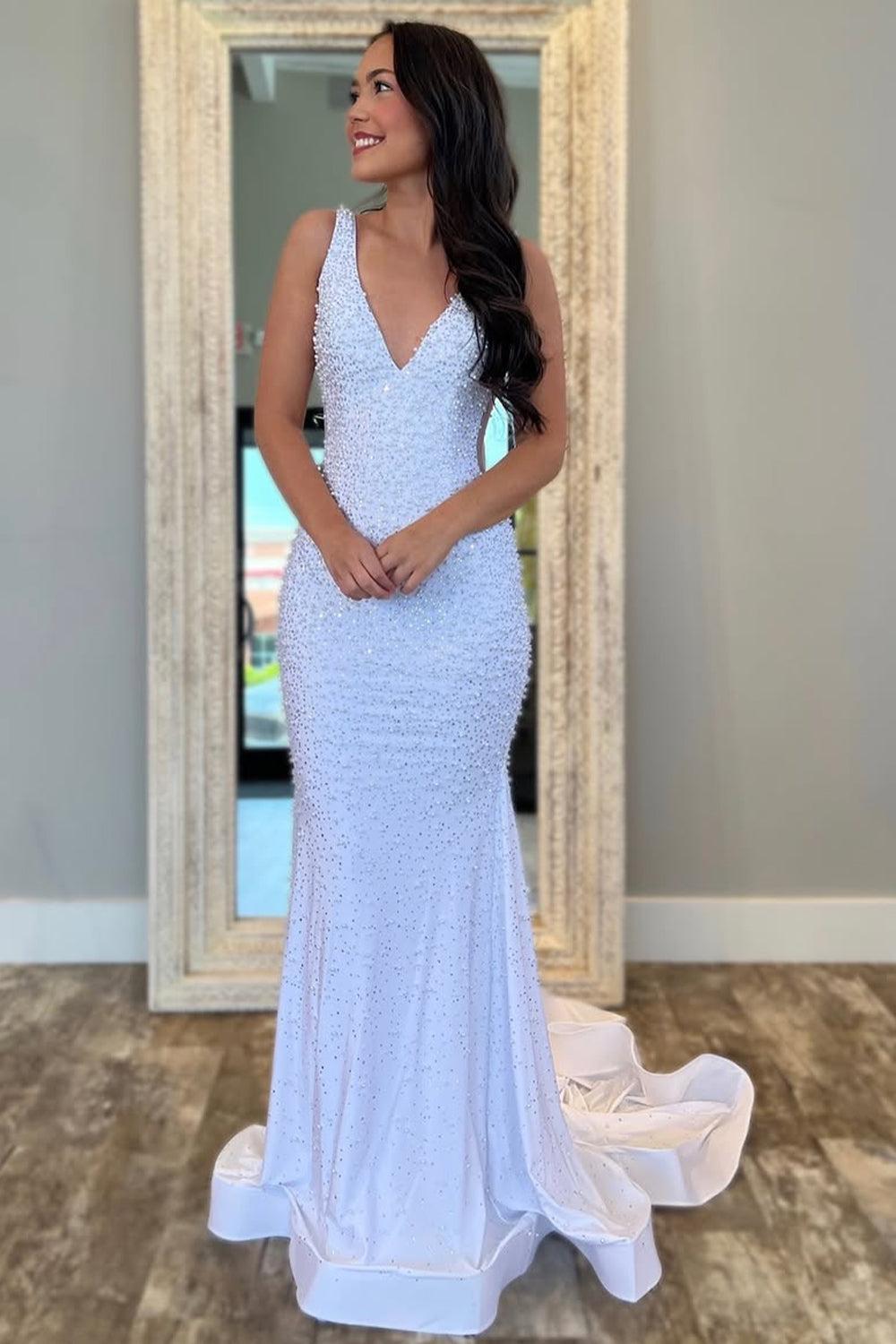 V-Neck Beaded Mermaid Prom Dress With Side Illusion Formal Evening Gown