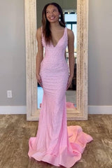 V-Neck Beaded Mermaid Prom Dress With Side Illusion Formal Evening Gown