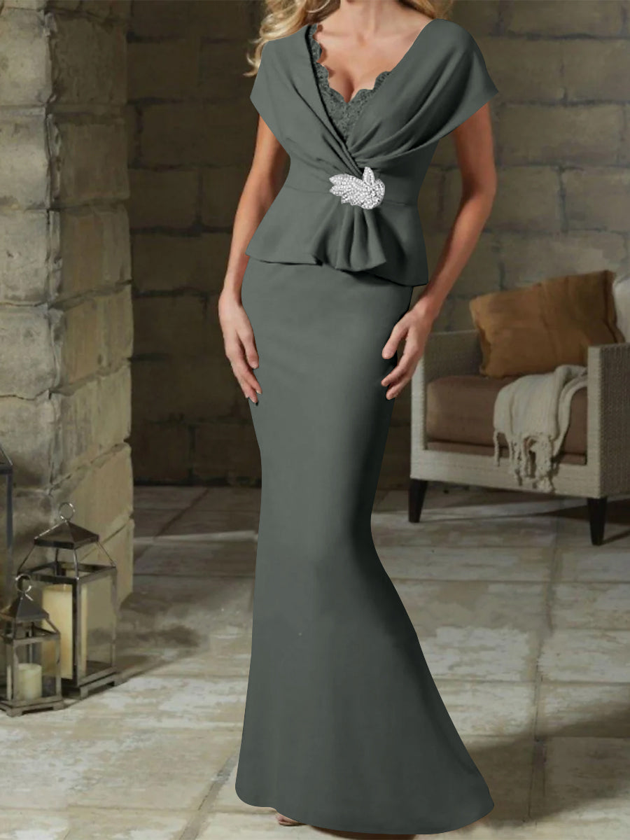V Neck Belted Mother of the Bride Sheath Column Dresses