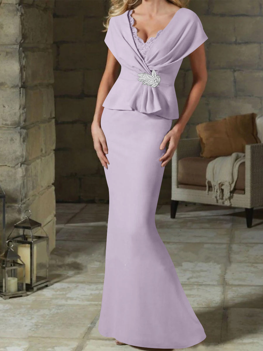 V Neck Belted Mother of the Bride Sheath Column Dresses