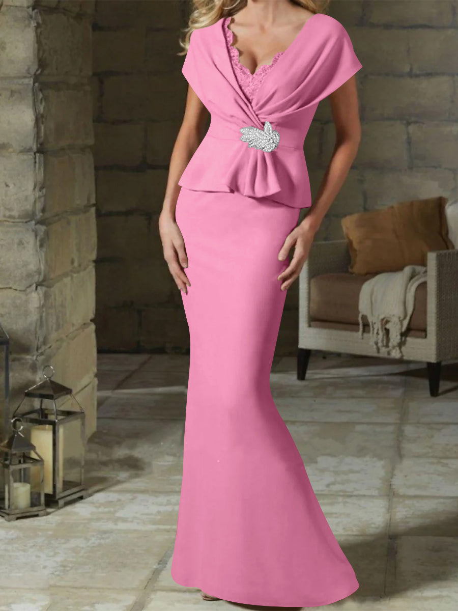 V Neck Belted Mother of the Bride Sheath Column Dresses