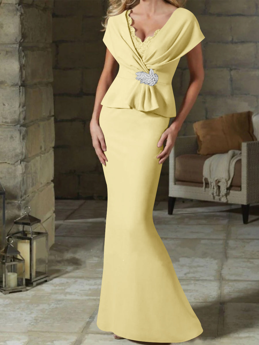 V Neck Belted Mother of the Bride Sheath Column Dresses