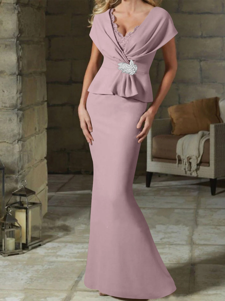 V Neck Belted Mother of the Bride Sheath Column Dresses