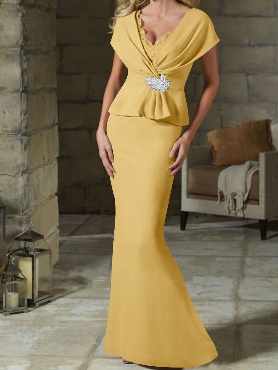 V Neck Belted Mother of the Bride Sheath Column Dresses
