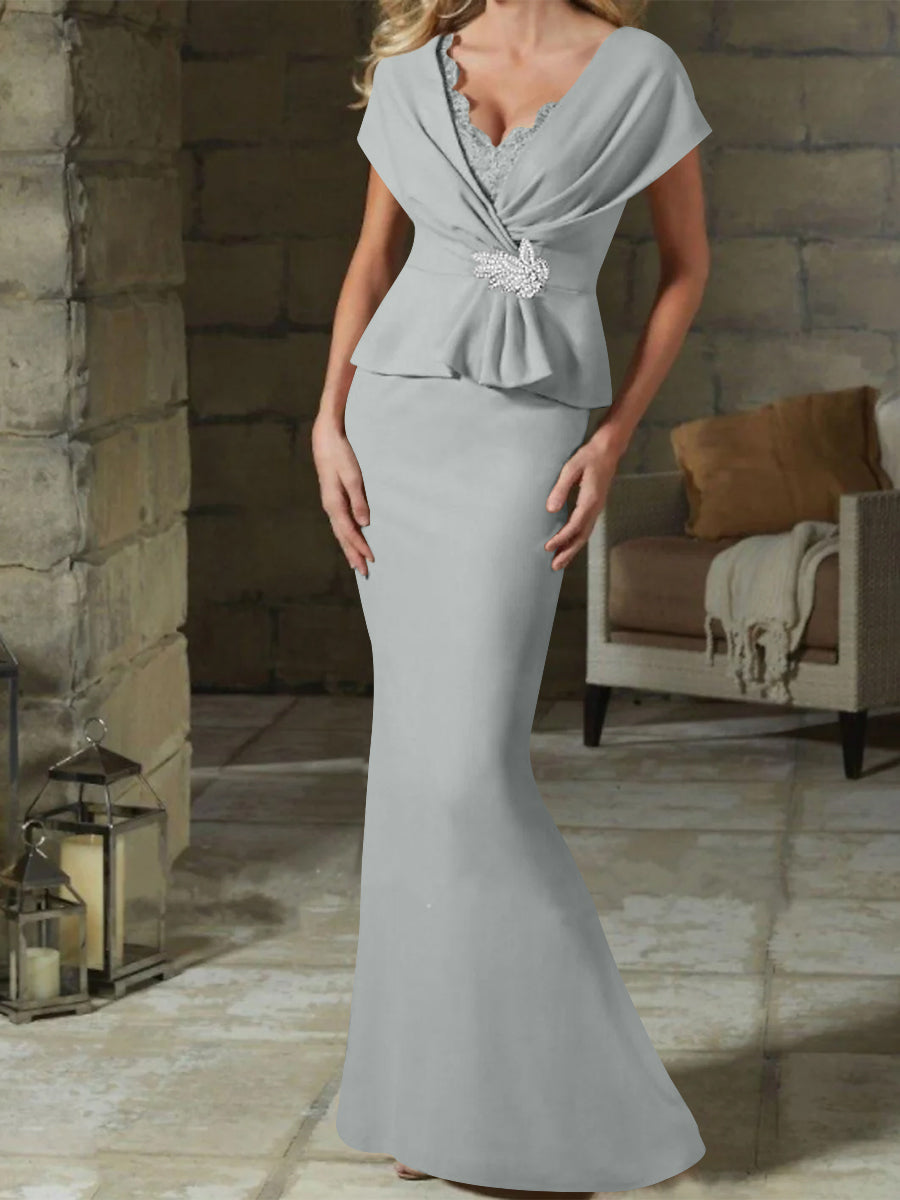 V Neck Belted Mother of the Bride Sheath Column Dresses