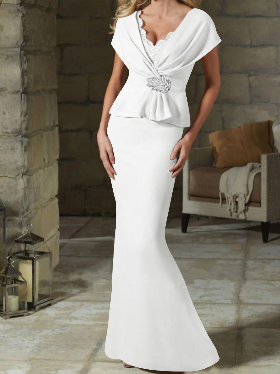 V Neck Belted Mother of the Bride Sheath Column Dresses