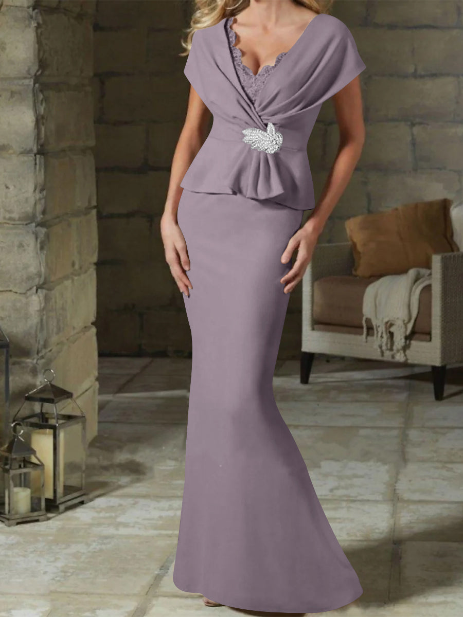 V Neck Belted Mother of the Bride Sheath Column Dresses