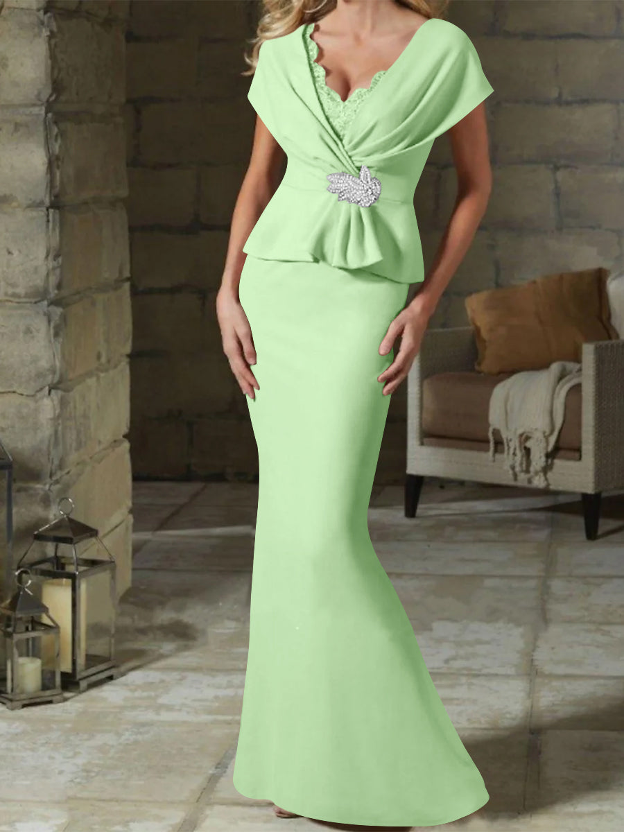 V Neck Belted Mother of the Bride Sheath Column Dresses