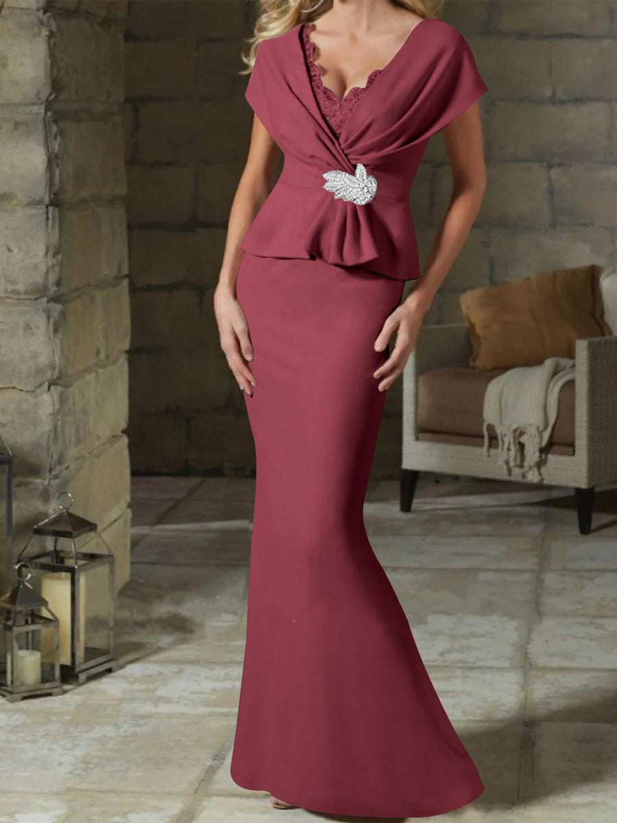 V Neck Belted Mother of the Bride Sheath Column Dresses