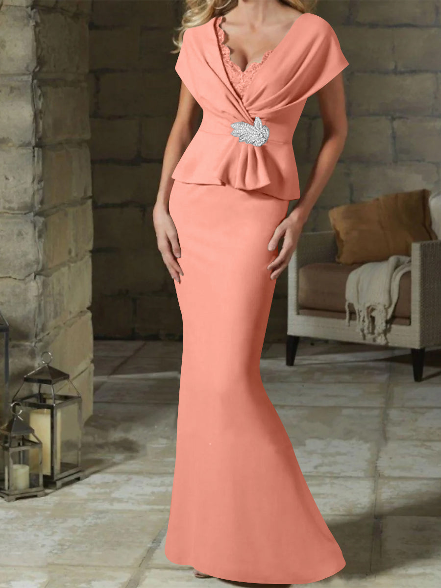 V Neck Belted Mother of the Bride Sheath Column Dresses