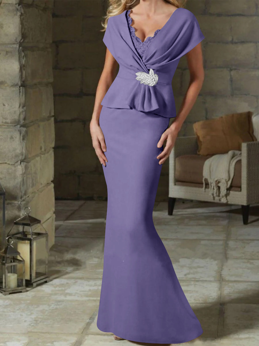 V Neck Belted Mother of the Bride Sheath Column Dresses