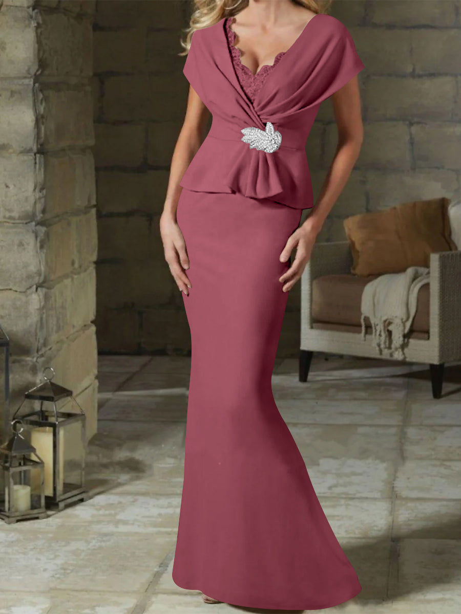 V Neck Belted Mother of the Bride Sheath Column Dresses